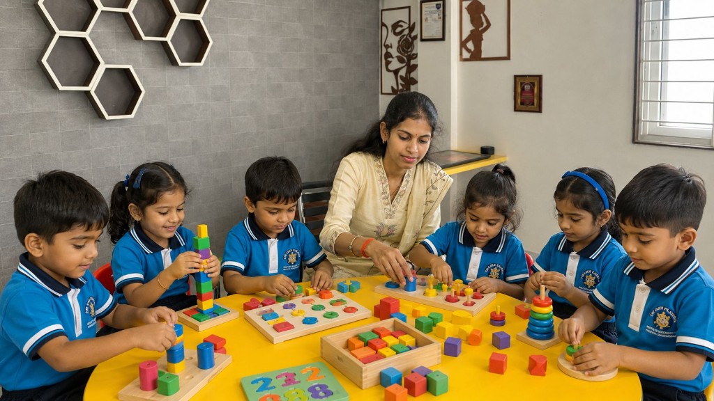 Montessori block activity with teacher