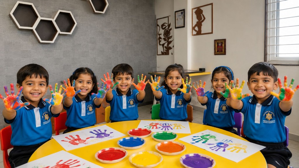 Children showing colourful painted hands