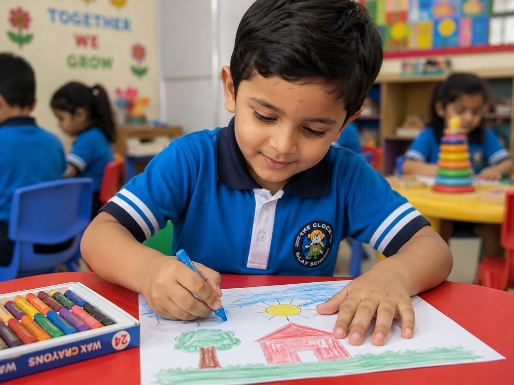 Child drawing with crayons in classroom